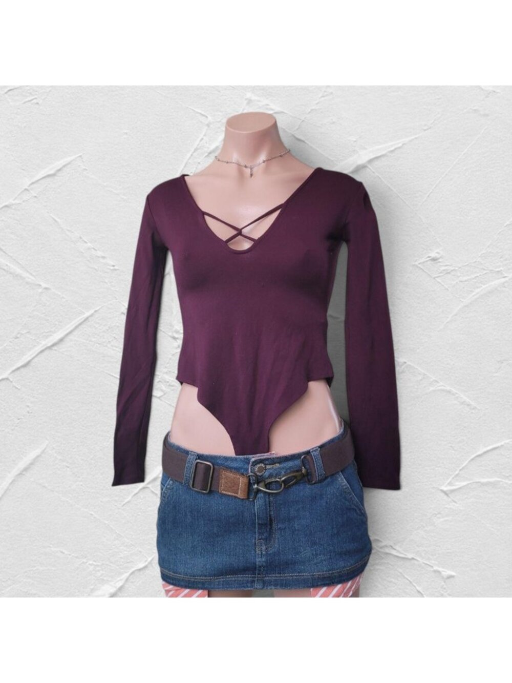 Forever 21 Deep Burgundy Wine Plunging V-Neck Strappy Bodysuit (S)